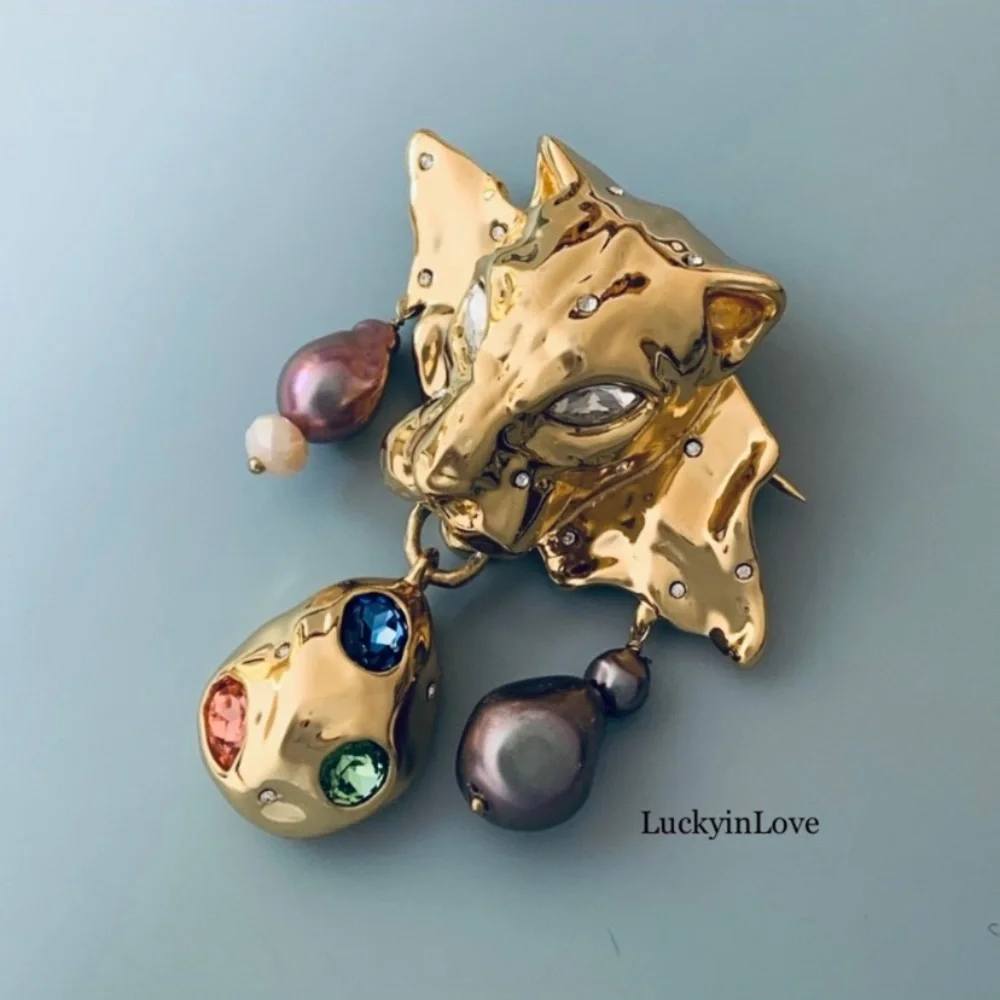 ALEXIS BITTAR • Gold Molten Crumpled Panther Head Green Rose Blue Pink Necklace